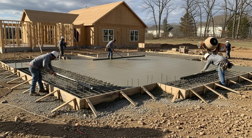 Crew finishing a residential home concrete foundation slab
