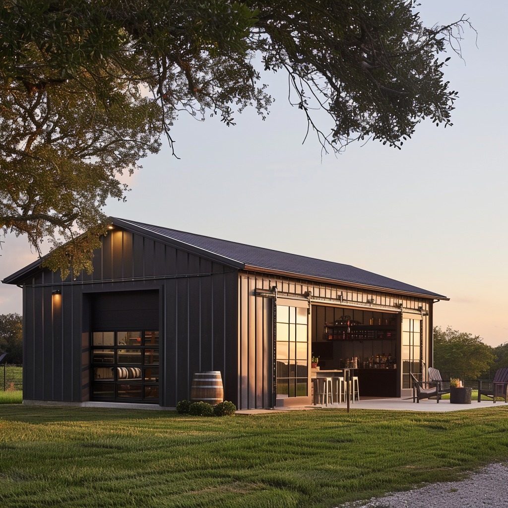 Black metal building with glass garage doors on a finished concrete pad and patio
