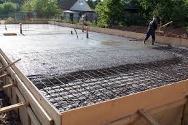 Large reinforced concrete slab with rebar grid ready for pour