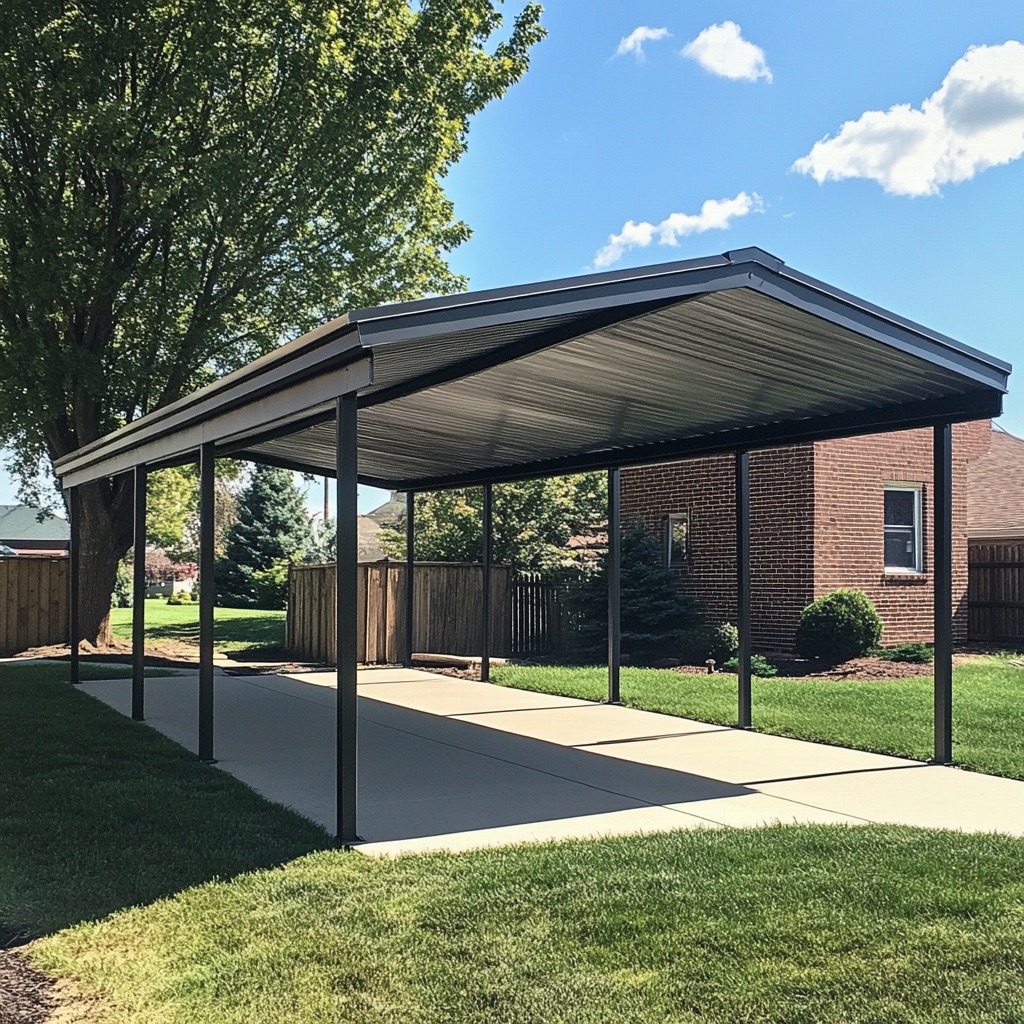 Covered RV pad with concrete slab and steel canopy